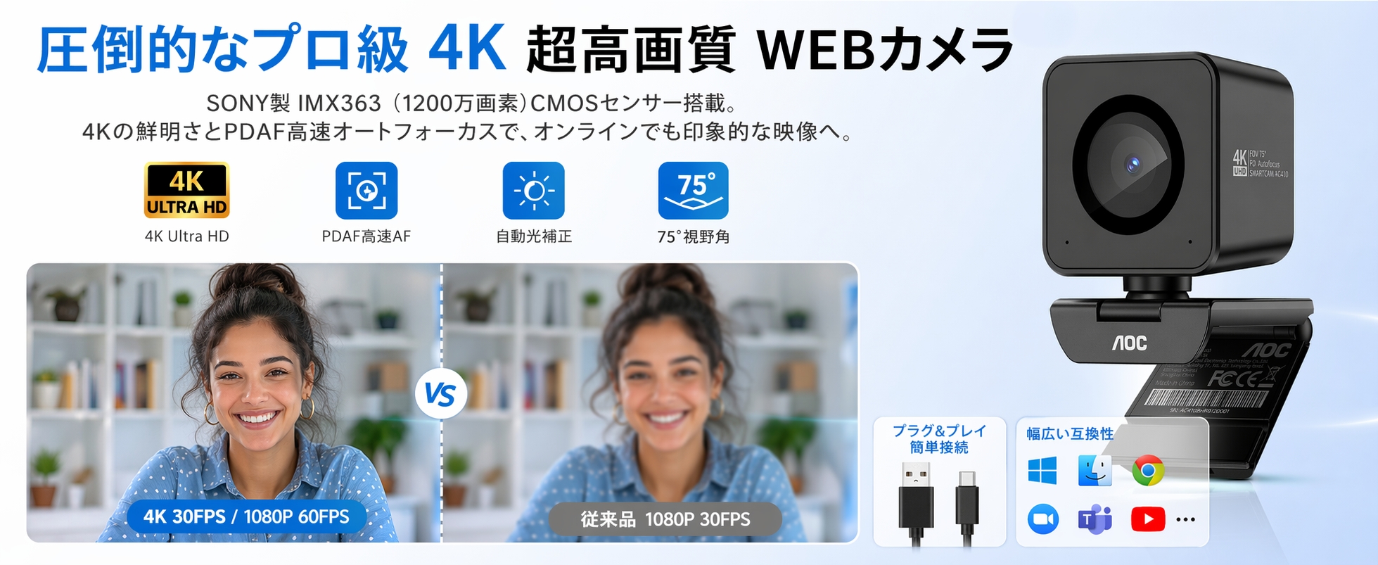 AOC Webカメラ 4K 1200万画素 三脚付き 1080P/60fps対応 SONY IMX363センサー搭載 PDAF高速オートフォーカス F1.8大口径 75°視野角