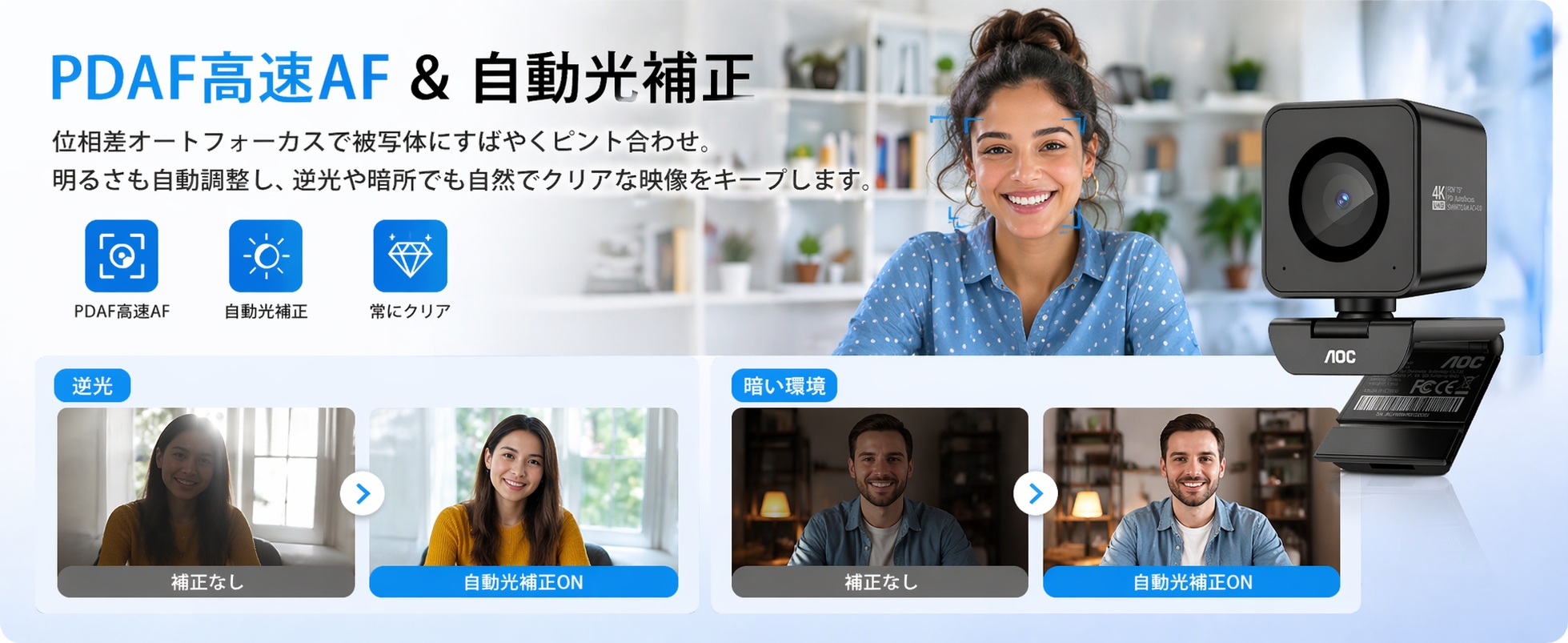 AOC Webカメラ 4K 1200万画素 三脚付き 1080P/60fps対応 SONY IMX363センサー搭載 PDAF高速オートフォーカス F1.8大口径 75°視野角