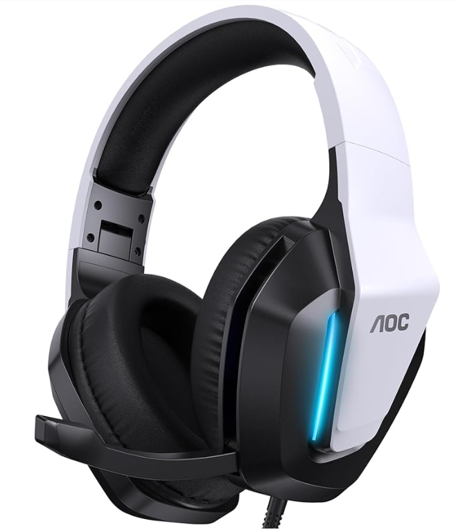 AOC ゲーミングヘッドセット ゲーミングヘッドホン 3D サラウンドサウンド 50mmドライバー 3.5mm 有線 立体音響 マイク付き 軽量 ヘッドホン ヘッドフォン PS5 PS4 PC Switch 2 ホワイト