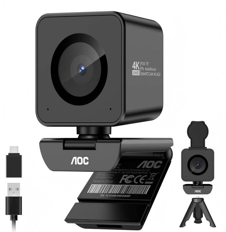 AOC Webカメラ 4K 1200万画素 三脚付き 1080P/60fps対応 SONY IMX363センサー搭載 PDAF高速オートフォーカス F1.8大口径 75°視野角 ノイズ低減マイク内蔵 プライバシーカバー付き USB ウェブカメラ Zoom/Teams/Skype/Google Meet/動画配信/WEB会議対応 AC410 ブラック 【国内正規品】