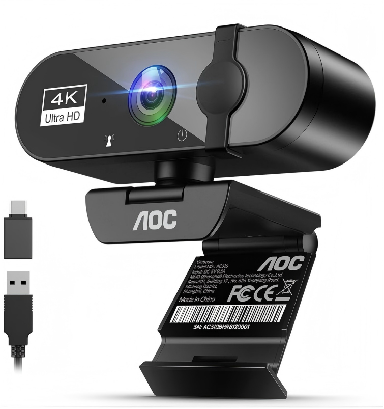 AOC Webカメラ 4K ウェブカメラ マイク付き 800万画素 1080P@30FPS対応 99°視野角 自動光補正 USB即挿即用 usbカメラ webcam プライバシーカバー ノイズキャンセル 会議用Webカメラ Streaming & Zoom 対応 パソコン カメラ Web camera ブラック AC310 【国内正規品】