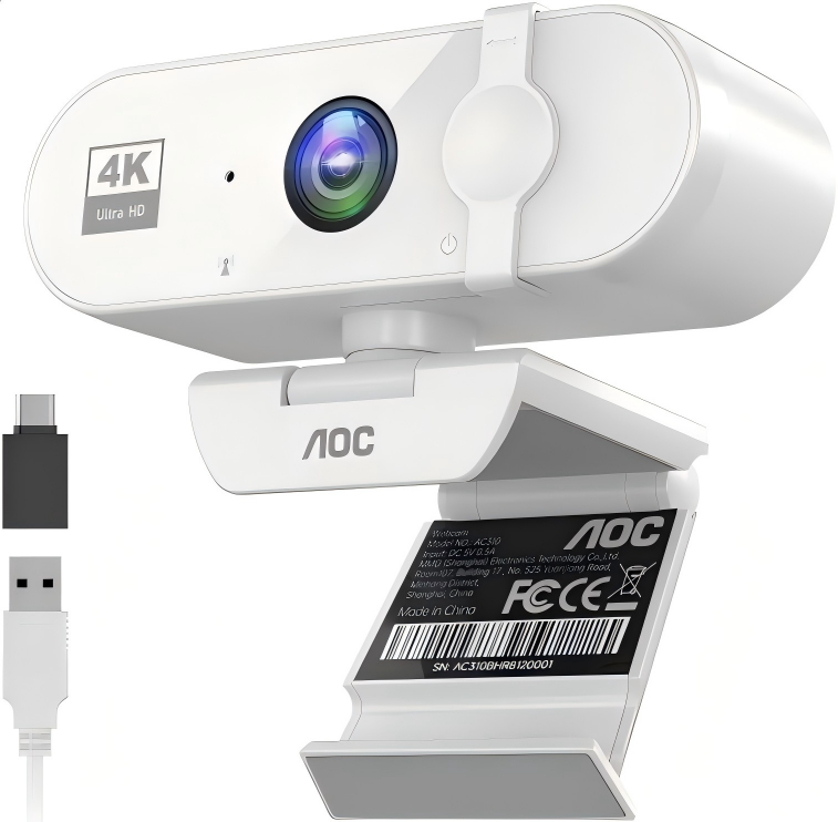 AOC Webカメラ ウェブカメラ 4K マイク付き 【 99°広角 USB即挿即用 】usbカメラ webcam プライバシーカバー ノイズキャンセル 自動光線補正 会議用webカメラ Streaming & Zoom 対応 パソコン カメラ Web camera ホワイト